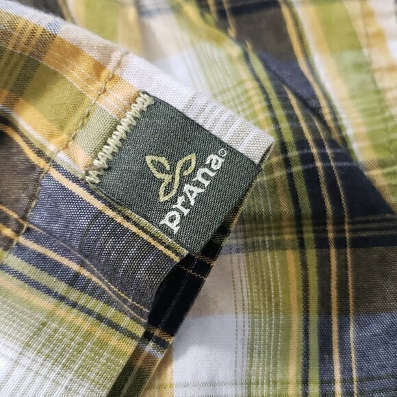 PrAna Mens Large‎ Yellow Plaid Pearl Snap Short Sleeve Shirt - Picture 6 of 6
